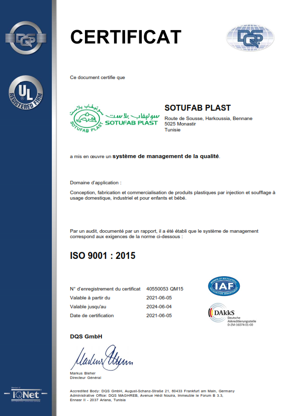 Certification ISO 9001 en Français pour Sotufab Plast